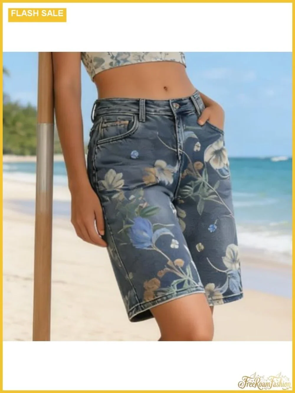 High Waist Floral Embroidered Denim Bermuda Shorts for Women Wide Leg Knee